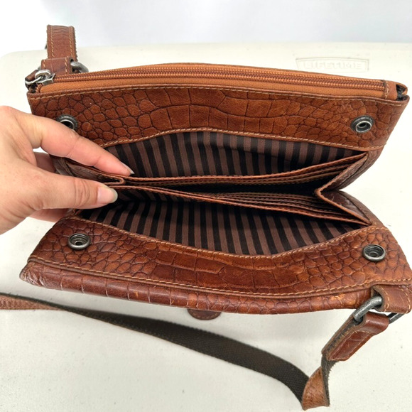Jack Georges Hornback Croco Buffalo Leather Crossbody Purse Brown Snap Card Slot - Picture 9 of 11